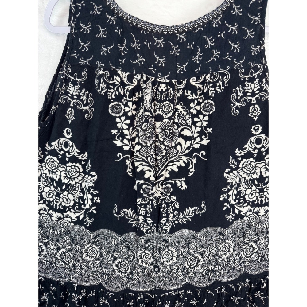 Bila Womens Black White Damask Floral Sequin Trim Ruffle Hem Tunic Top Large - Picture 4 of 8